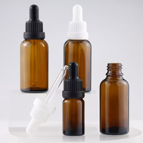 Embalagem cosmética para garrafa de vidro âmbar de 20ml com tampa à prova de furto com conta-gotas